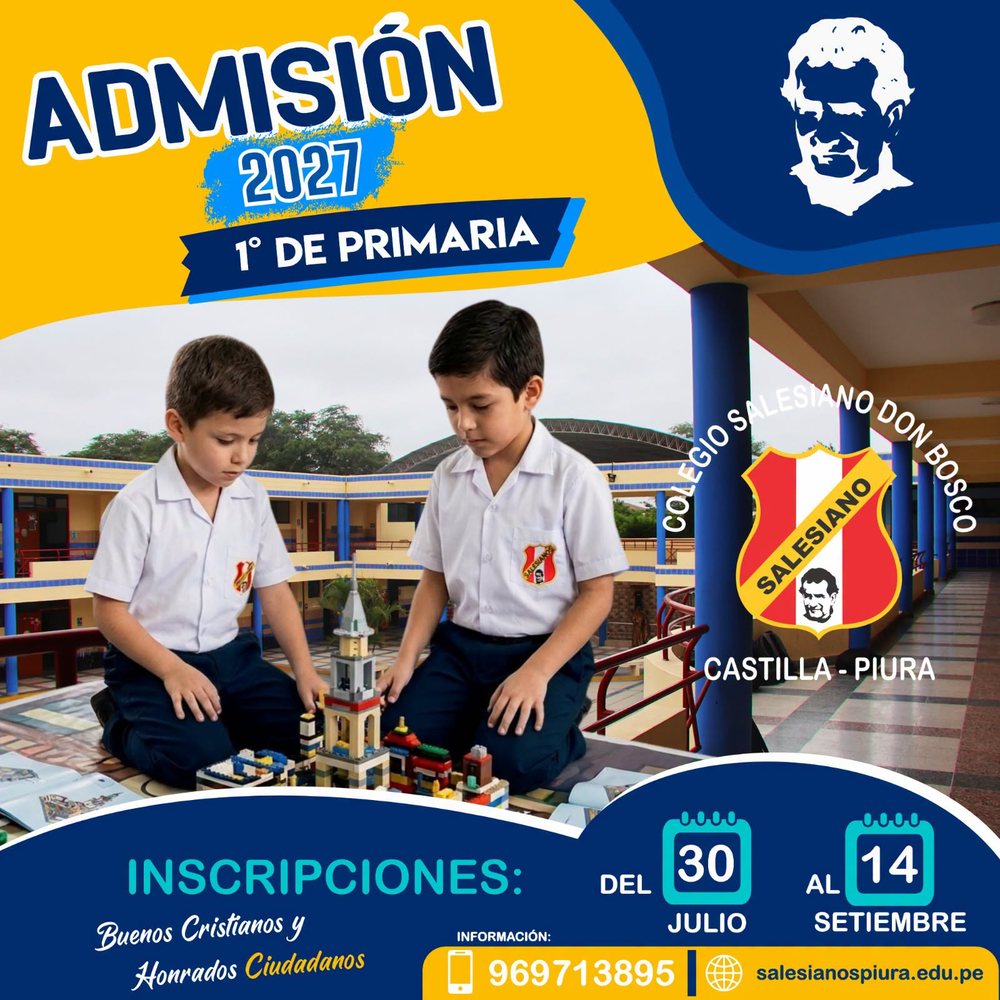 Afiche de Admisión 2027, 1.° de Primaria: inscripciones del 30 de julio al 14 de setiembre. Información al 969713895